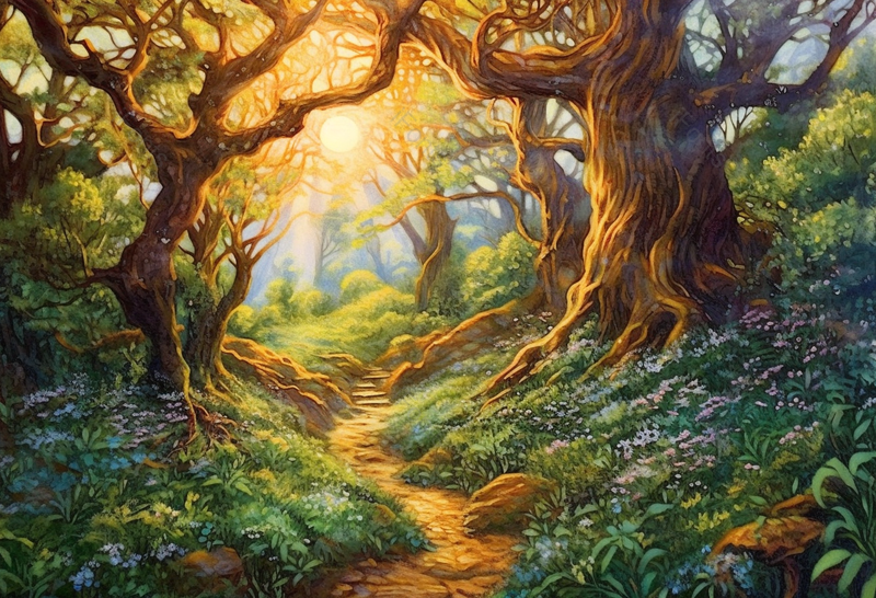 森林绿植鲜花傍晚风景油画,插画/手绘图,插画/手绘图库,插画/手绘图下载,插画/手绘